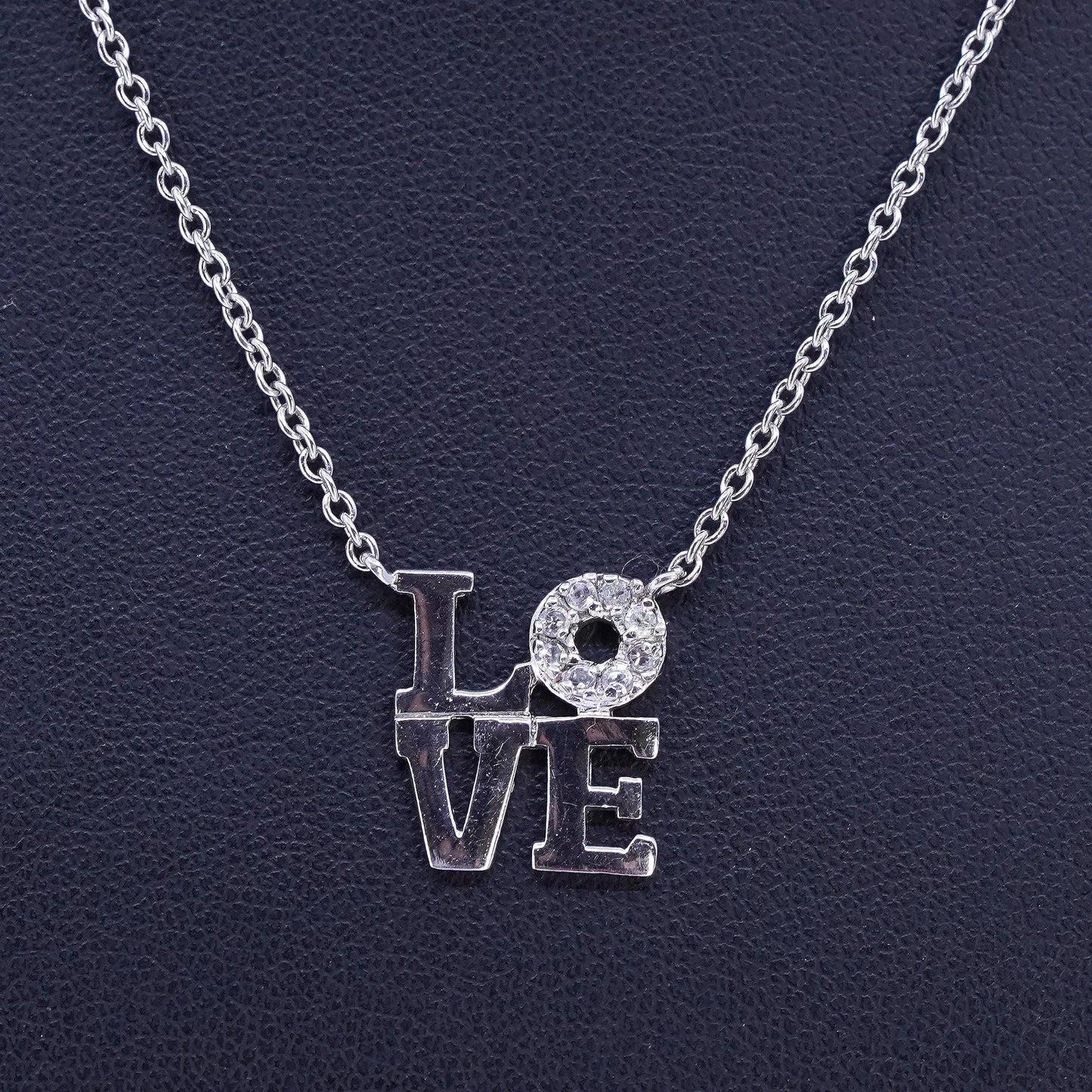 16", vintage Sterling 925 silver circle pendant necklace with love pendant Cz