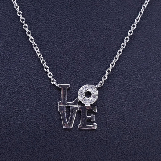 16", vintage Sterling 925 silver circle pendant necklace with love pendant Cz