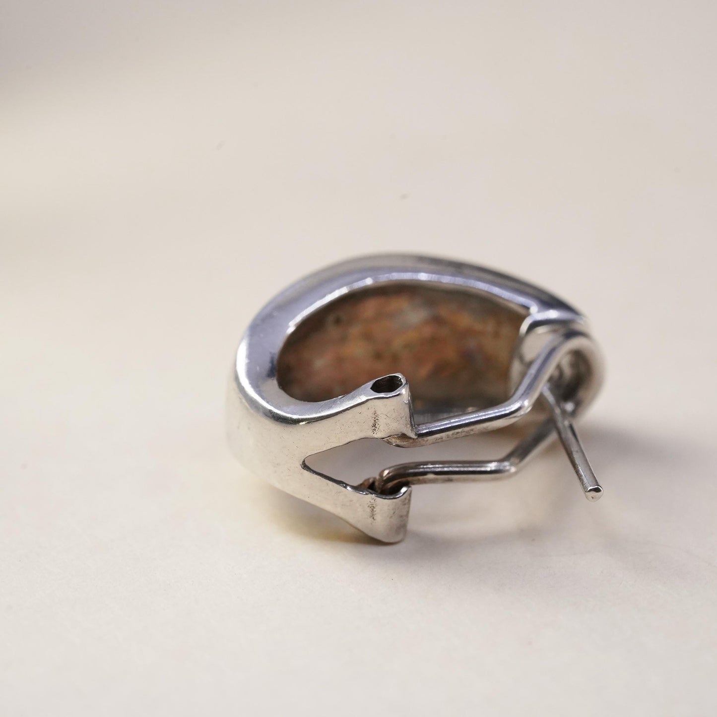 Vintage handmade single earring. Sterling 925 silver stud with opal inlay