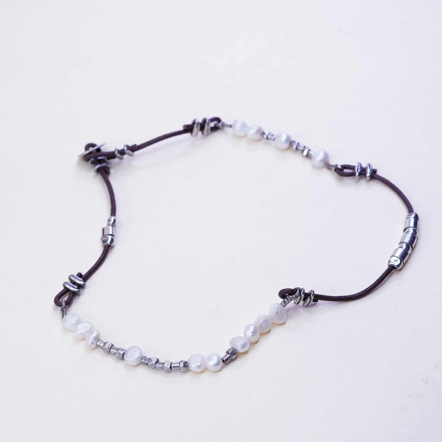 Retired Silpada Brown Leather Pearl Sterling 925 silver Bead Necklace N1063