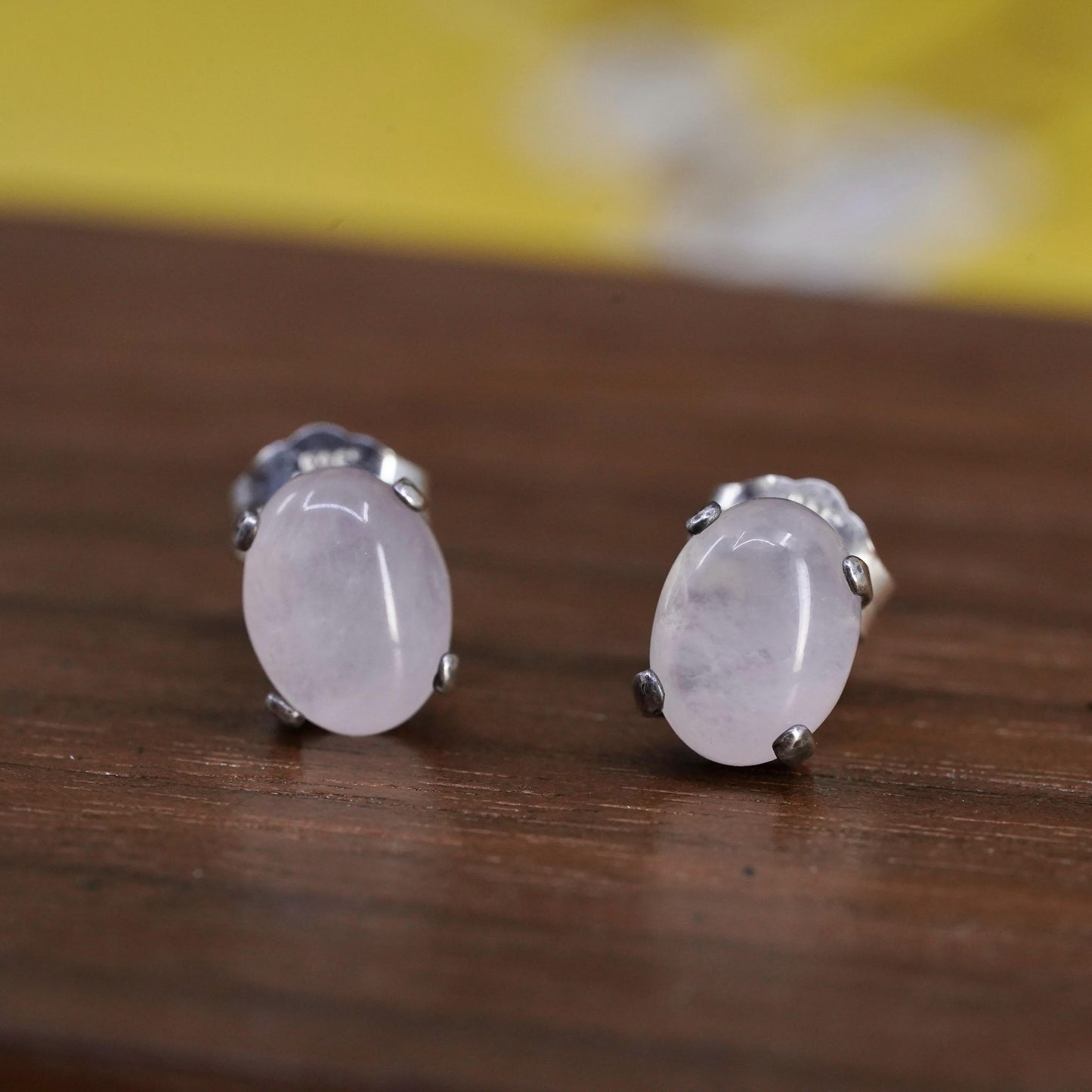 Vintage Sterling silver handmade earrings, 925 oval studs with pink quartz