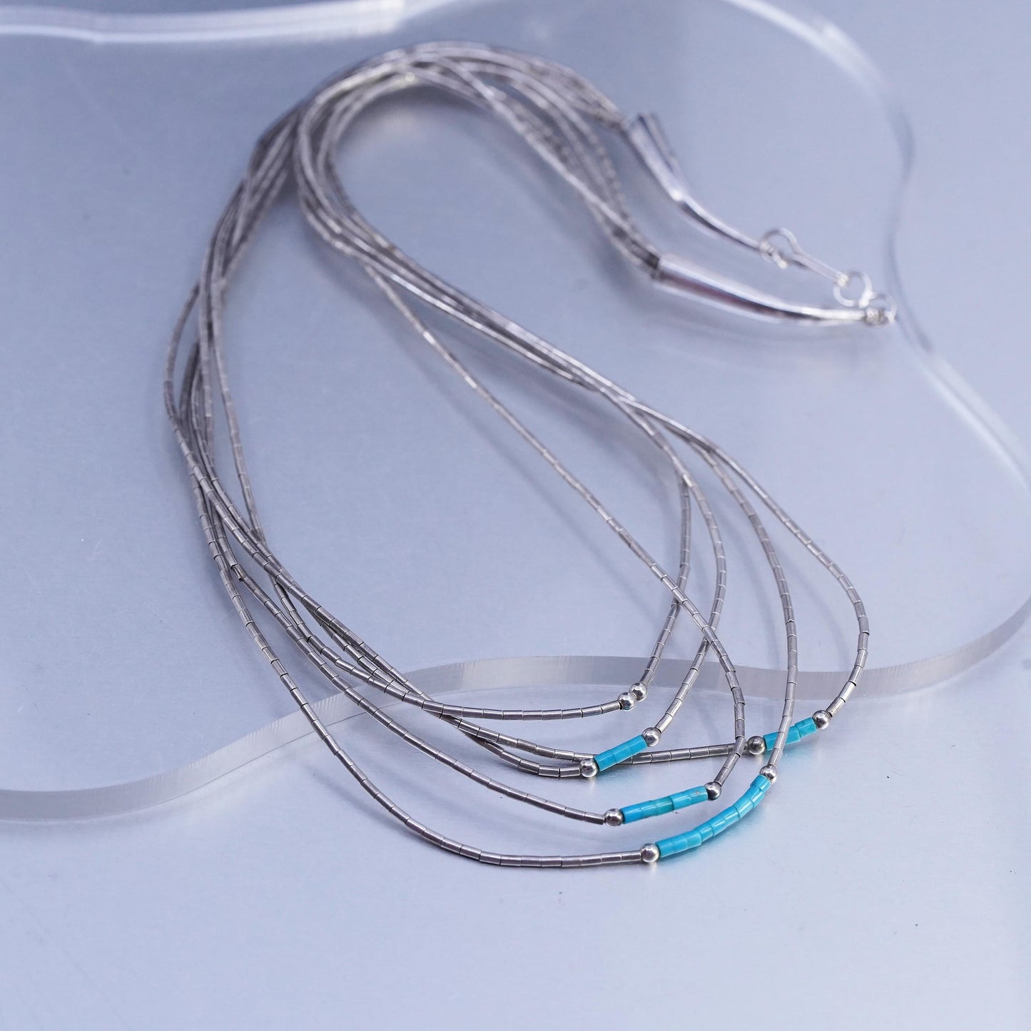 16" Native American Sterling 925 multi strands liquid silver necklace turquoise