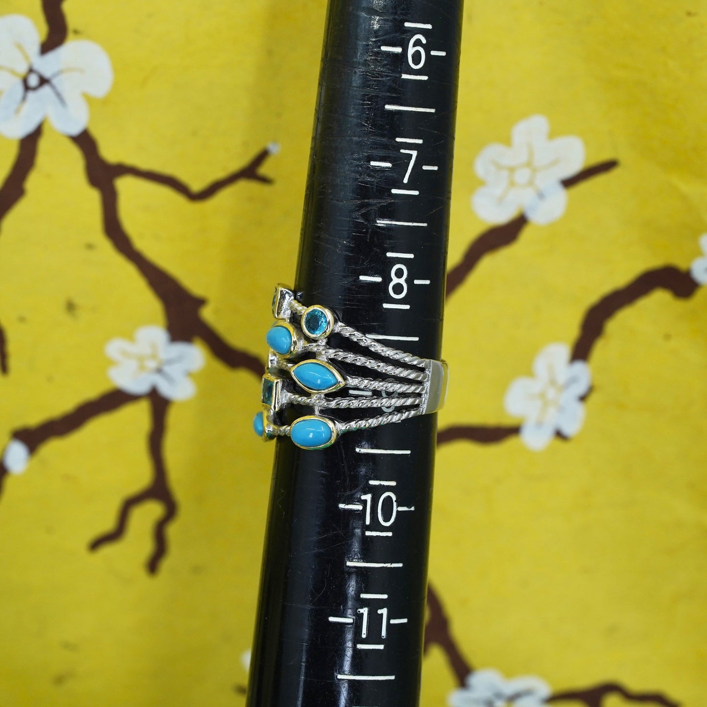 Size 8.5, Native American Sterling silver handmade ring turquoise blue crystal