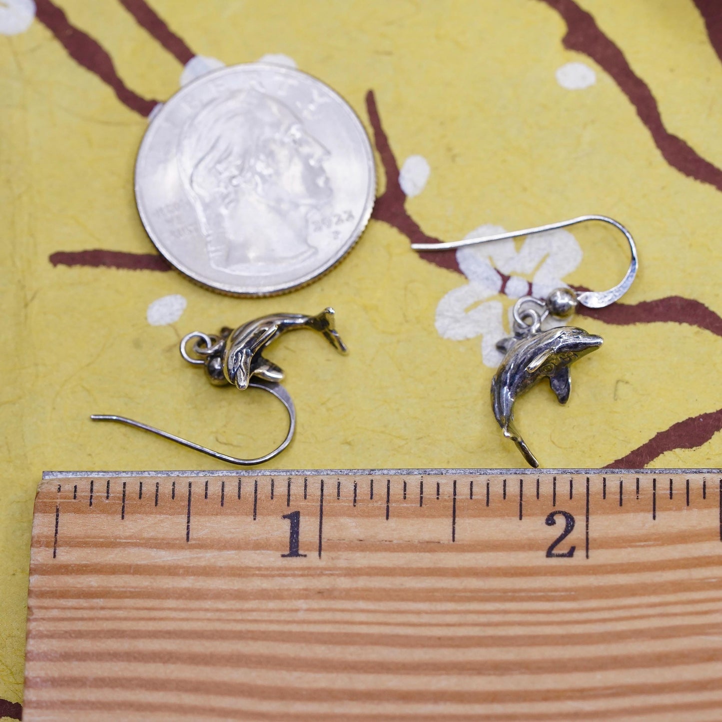 Vintage Sterling silver handmade earrings, 925 dolphin dangles