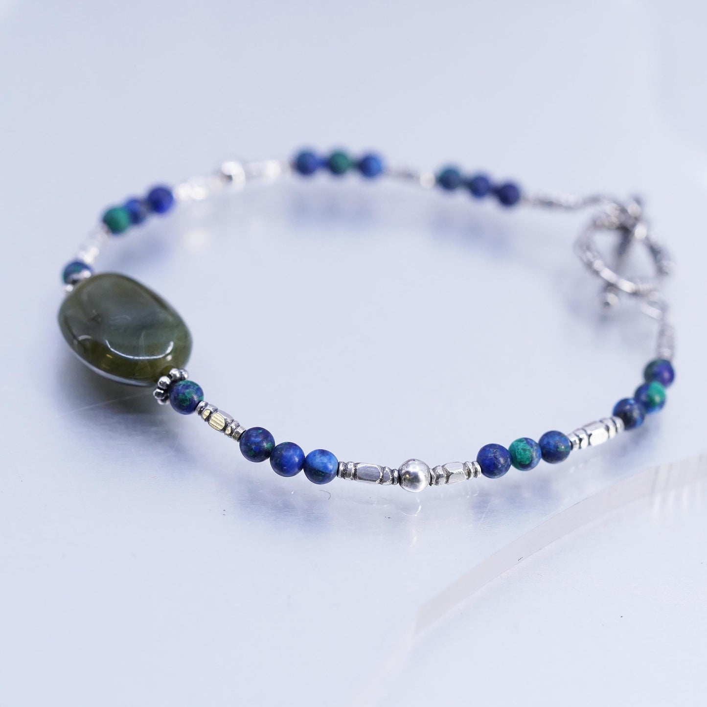 7.75", Vintage Sterling 925 Silver Handmade ammonite Bead Bracelet Jade charm