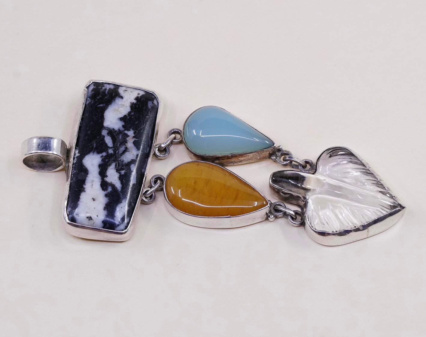VTG sterling silver handmade pendant, 925 w/ marble, carnelian, jade n crystal