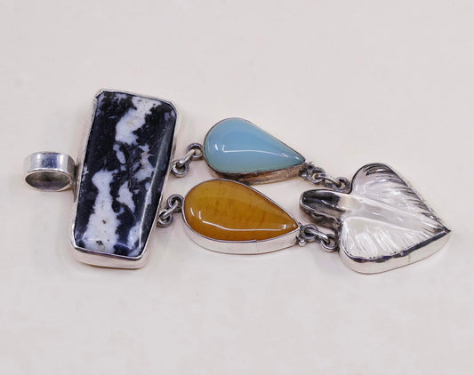 VTG sterling silver handmade pendant, 925 w/ marble, carnelian, jade n crystal