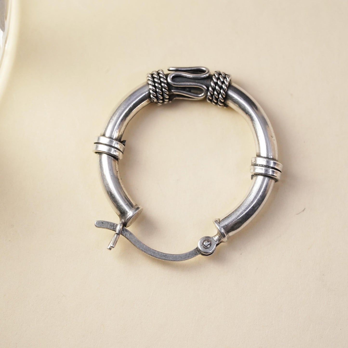 1", Vintage sterling silver loop single earring, textured wired hoop