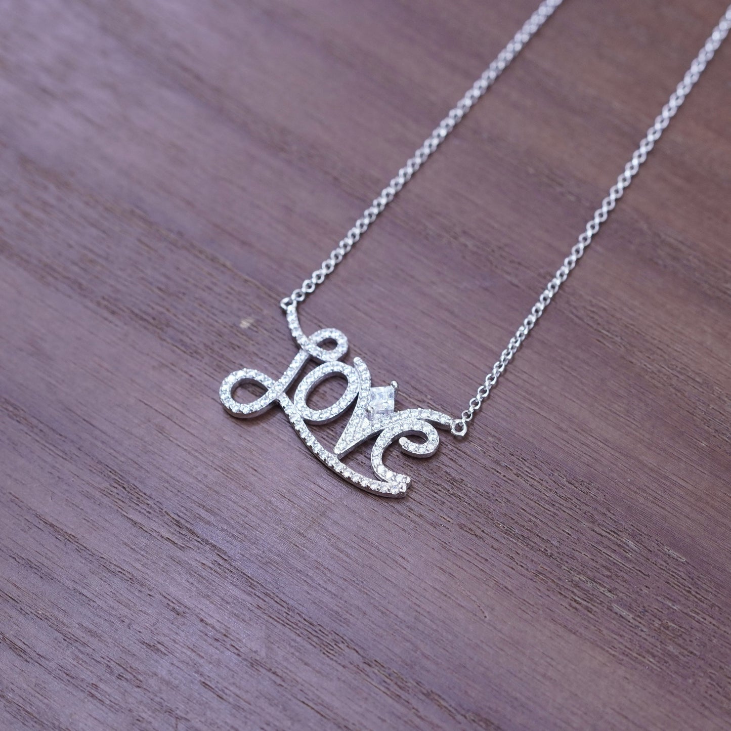 18”, vintage Sterling silver necklace, 925 circle chain cluster Cz love pendant