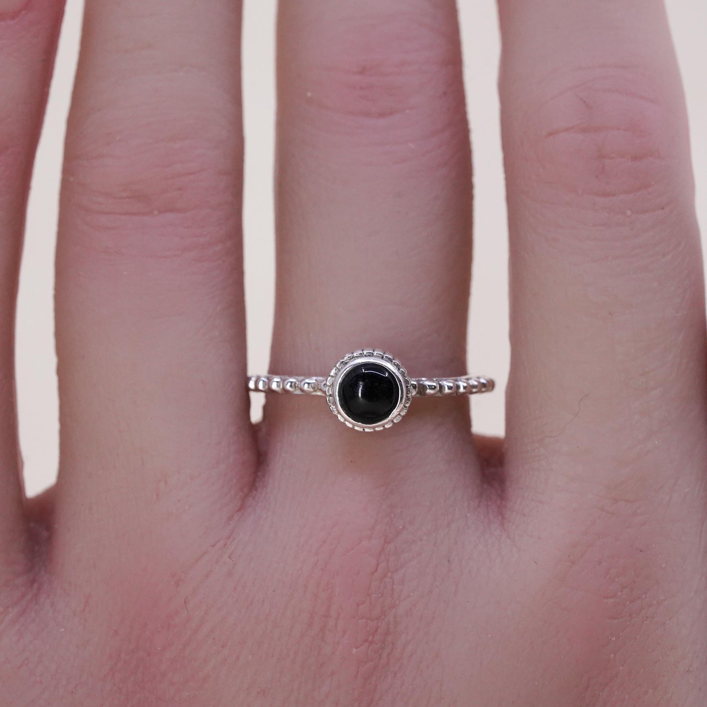 Size 8, Vintage sterling 925 silver handmade ring, stackable band with onyx