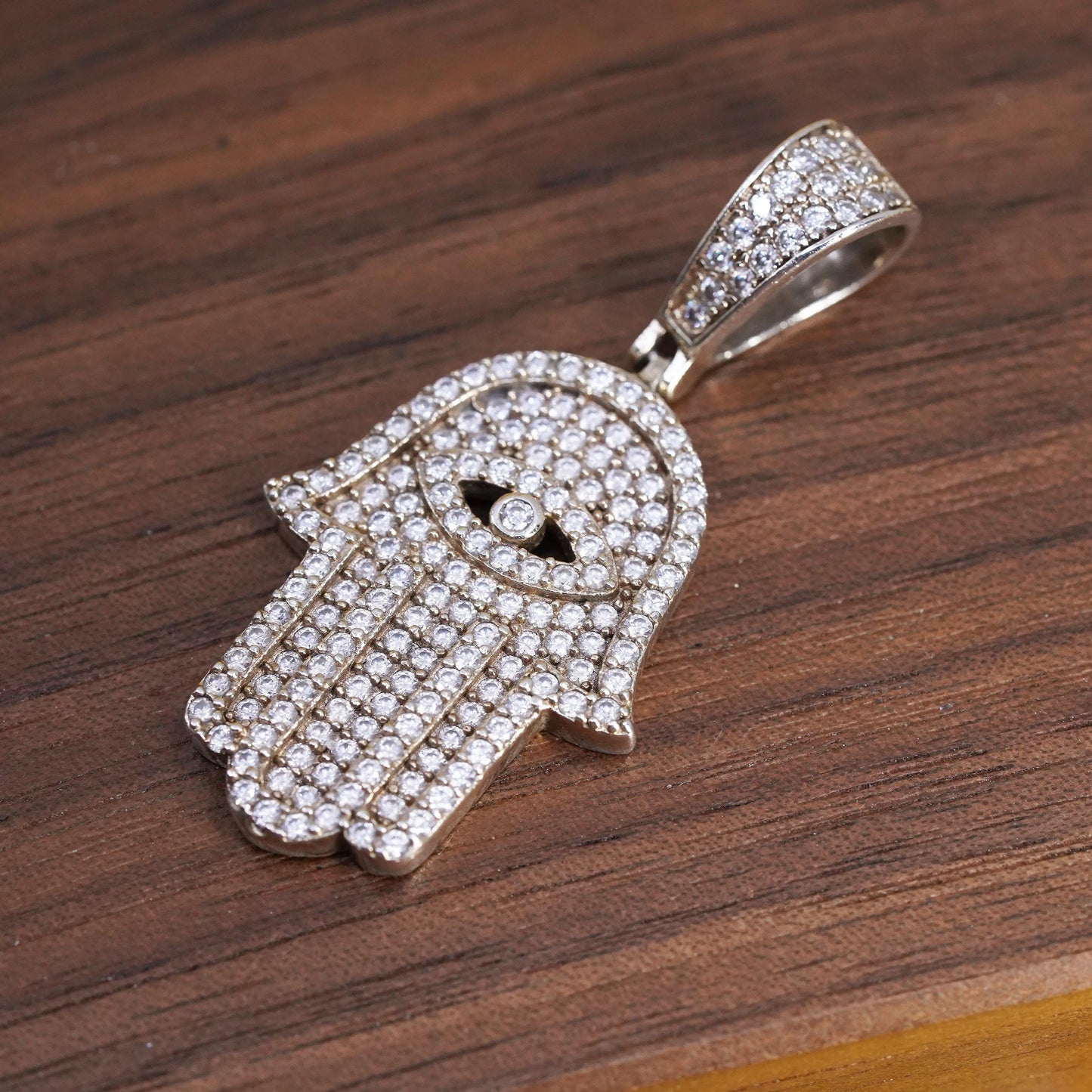 Sterling Silver Hamsa Hand Pendant, 925 CZ Pave Evil Eye Charm, Fatima Hand