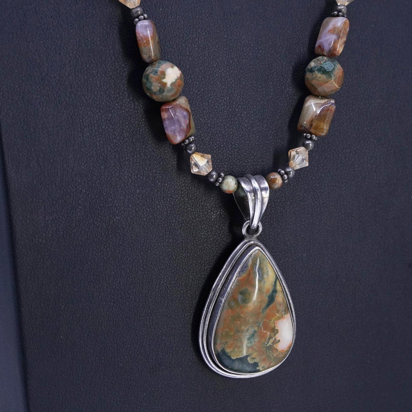 22” Sterling 925 Silver rainforest jasper beads necklace with teardrop pendant