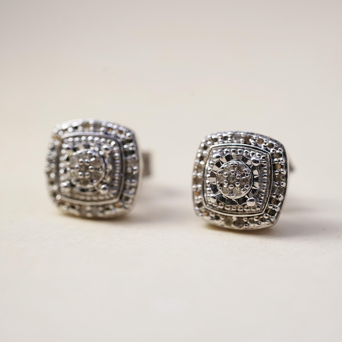 Vintage sterling silver handmade earrings, 925 studs with cluster diamonds
