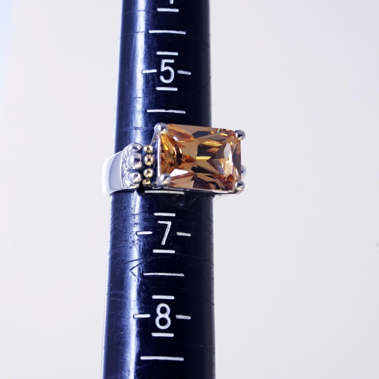 Size 6, vintage Sterling 925 silver cocktail ring citrine 14K yellow gold beads