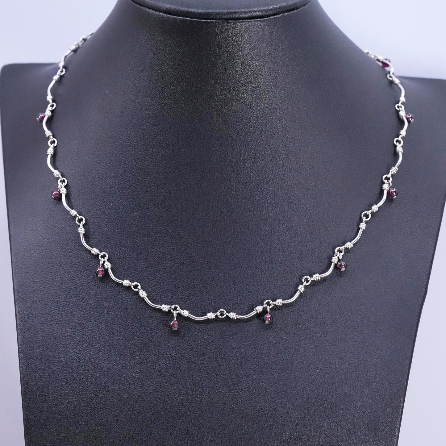16” 2mm, vintage Sterling silver necklace, 925 bone bar chain with garnet beads