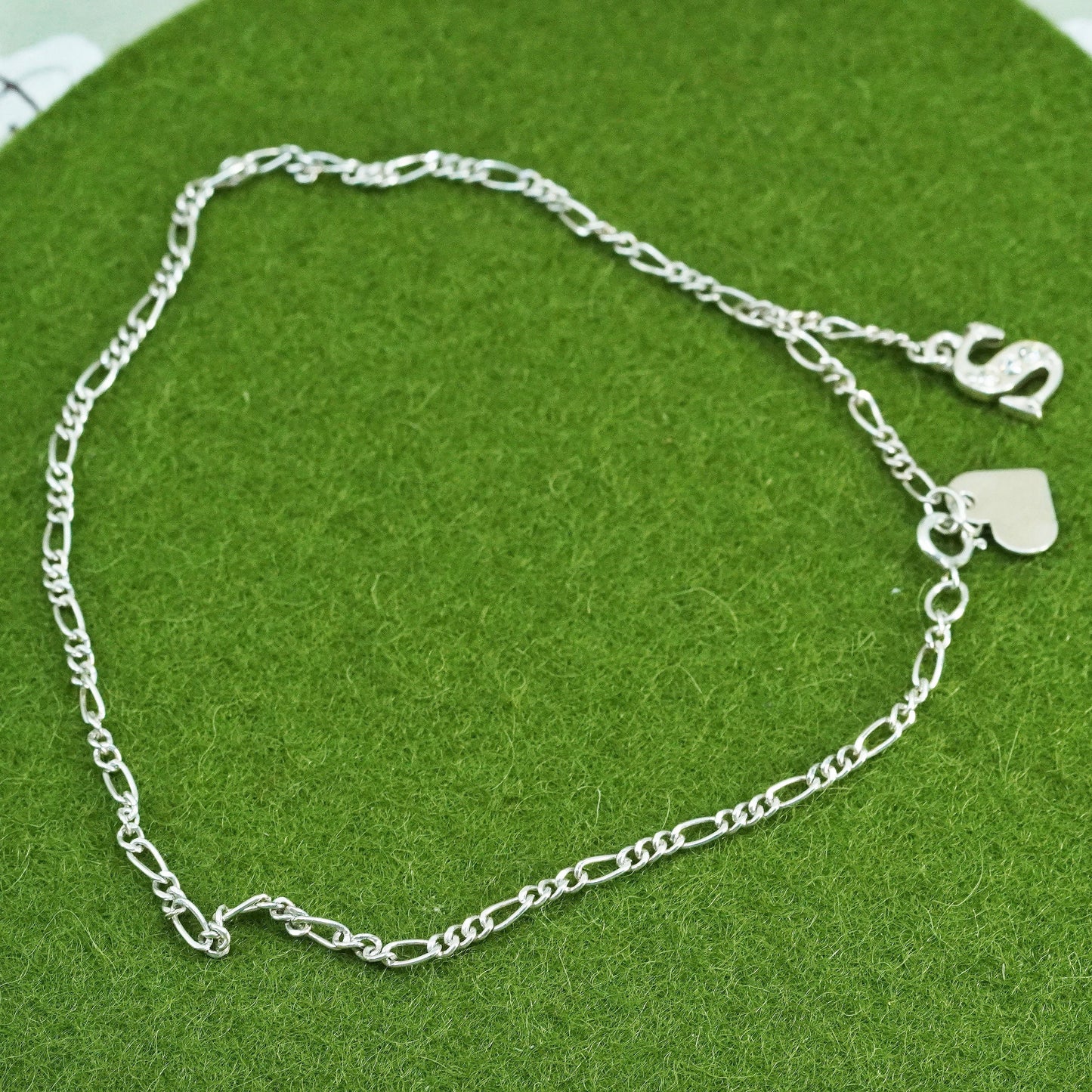 10”, sterling 925 silver bracelet, Italy figaro chain w/ heart Letter S charms