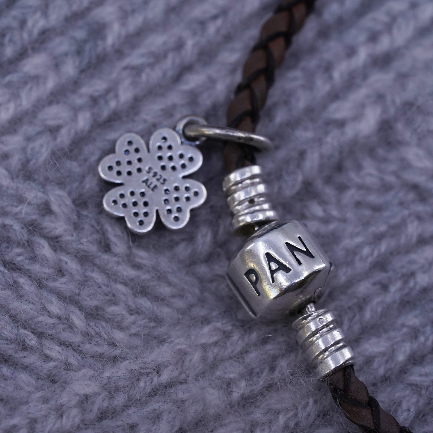 6.5", Pandora ALE sterling 925 silver woven leather chain bracelet lucky charm