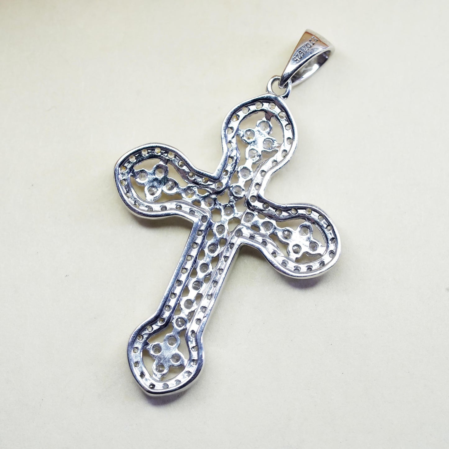 Vintage sterling silver pendant, 925 cross pendant with cluster Cz