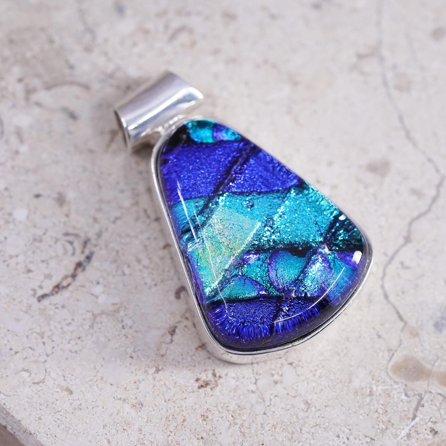 Vintage sterling 925 silver handmade teardrop pendant w/ dichroic foiled glass