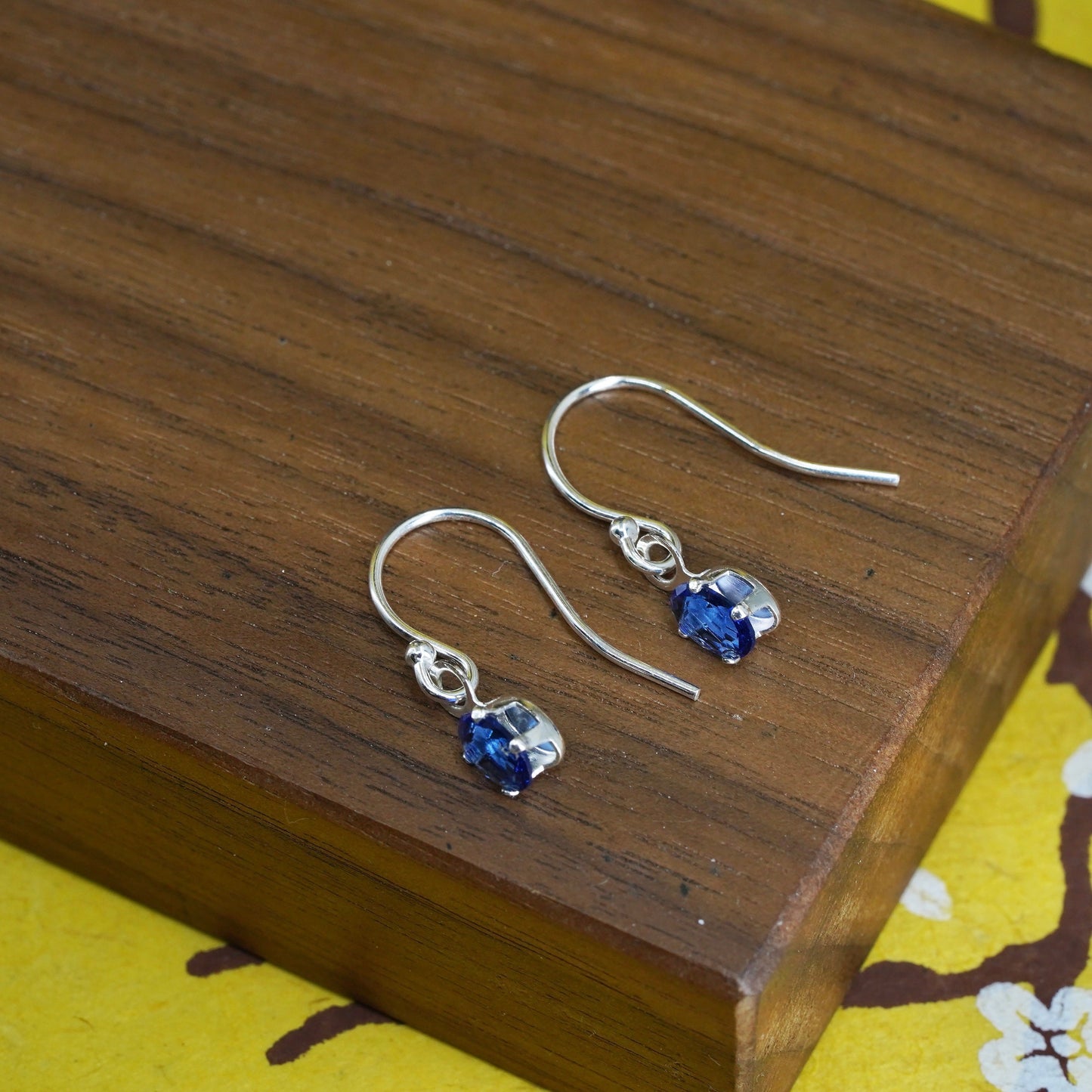 Vintage Sterling silver handmade earrings, 925 hooks with blue crystal