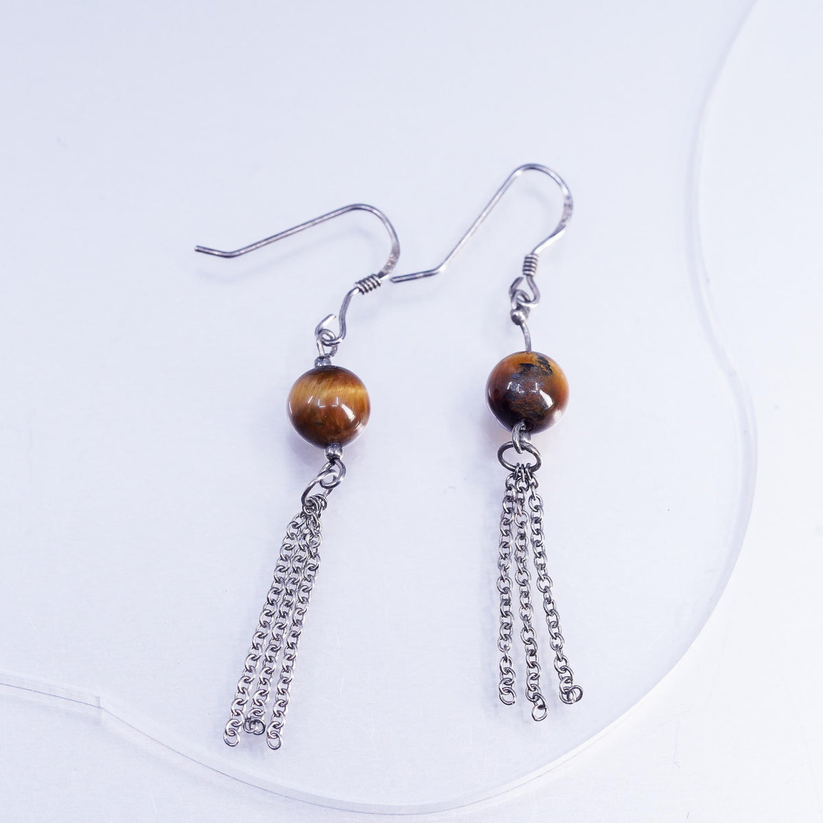 VTG Sterling Silver Handmade long chain Earrings, 925 Golden Tiger Eye beads