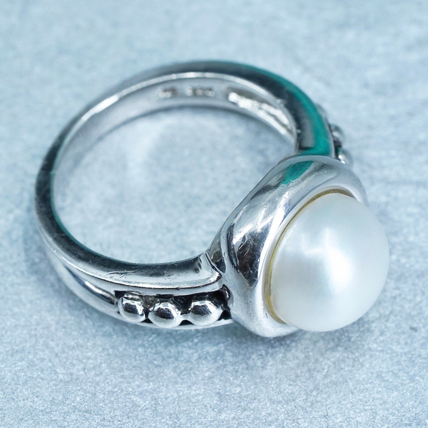 Size 7, vintage Sterling 925 silver handmade ring with pearl and beads
