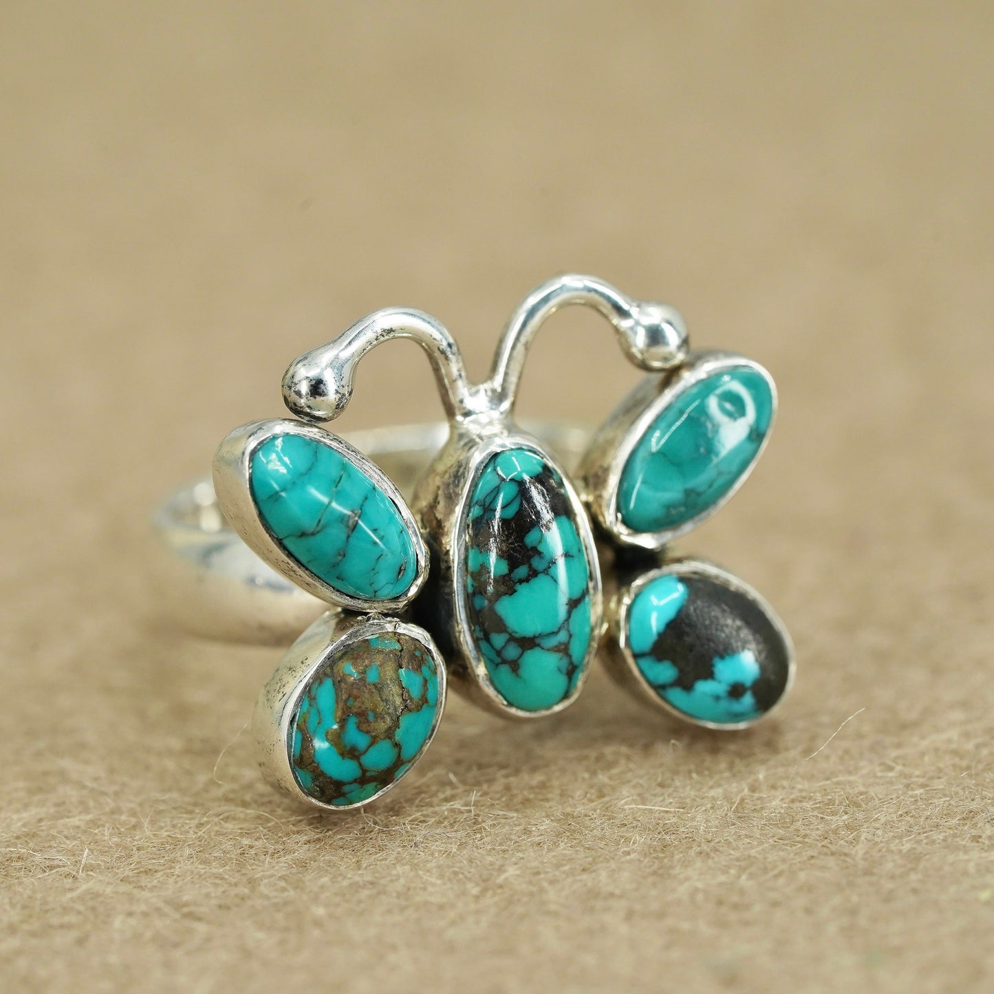 Size 7.25, Native American navajo Sterling 925 silver butterfly ring turquoise