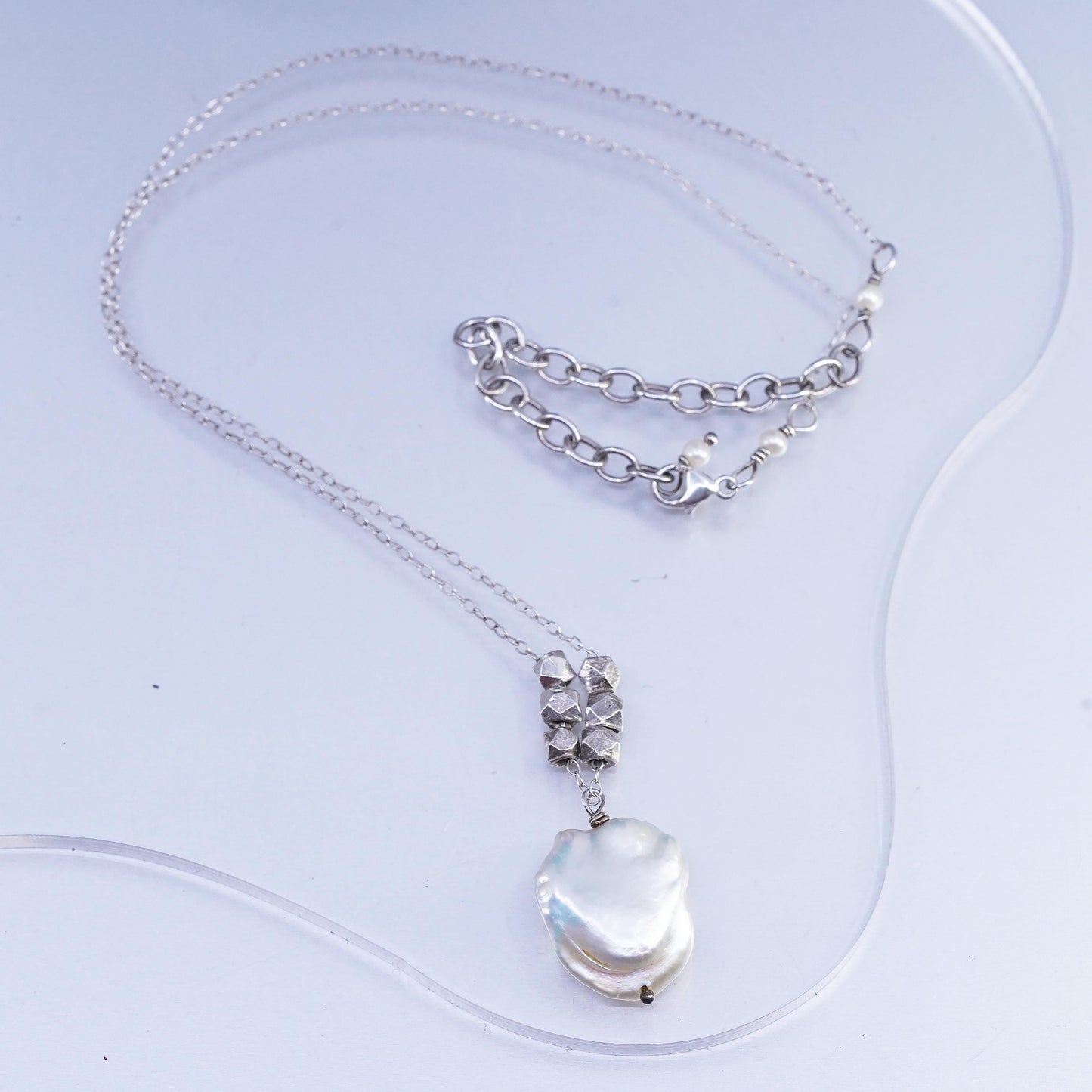 16+3", vintage Sterling 925 silver circle chain necklace Baroque pearl pendant