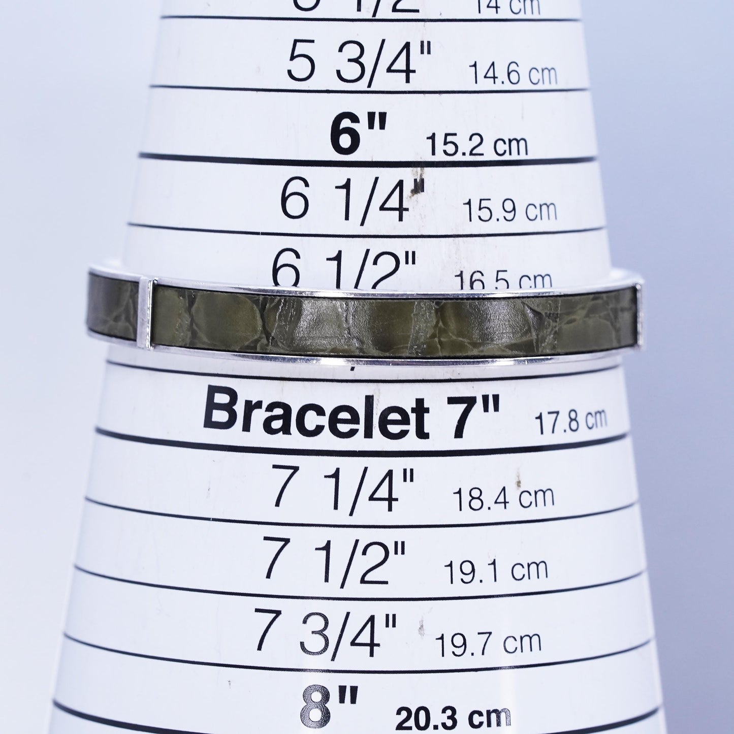 6.75”, Vintage Italian Sterling 925 silver bracelet, green leather inlay cuff