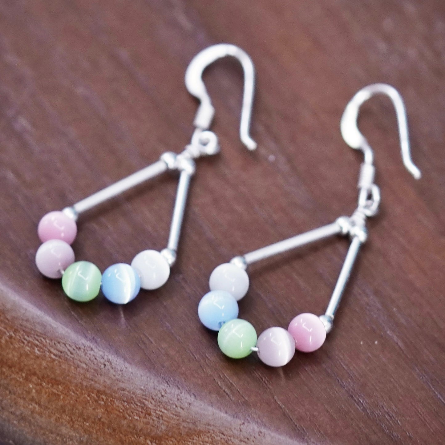Vintage Sterling 925 silver handmade teardrop earrings with cat’s eye beads