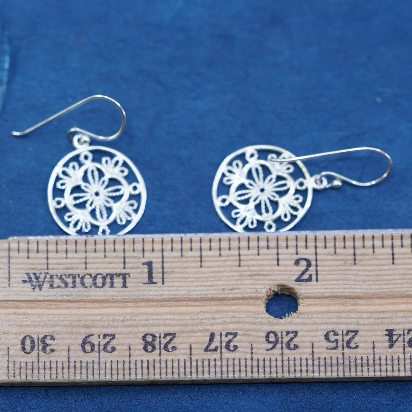 Vintage sterling silver handmade earrings, 925 filigree circle drop