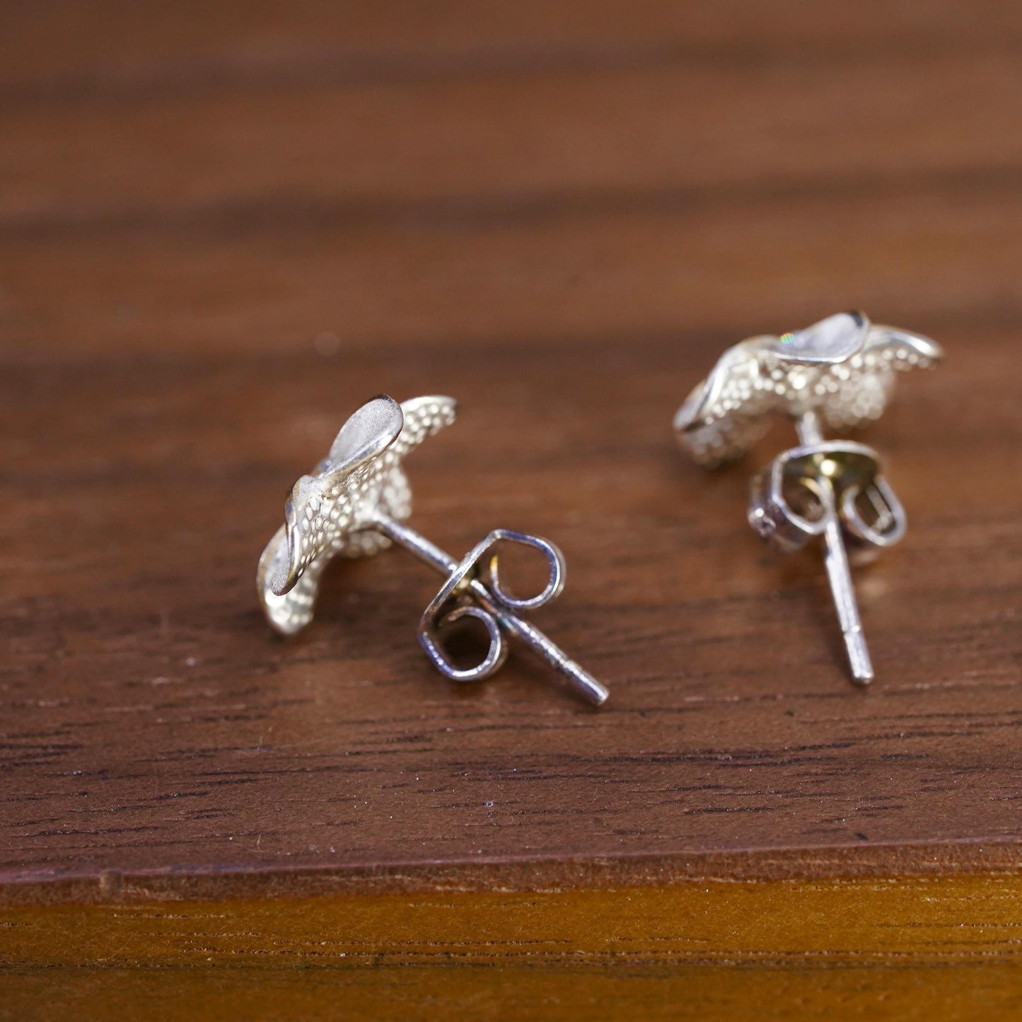 Vintage Sterling silver handmade earrings, 925 plumeria flower studs with cz