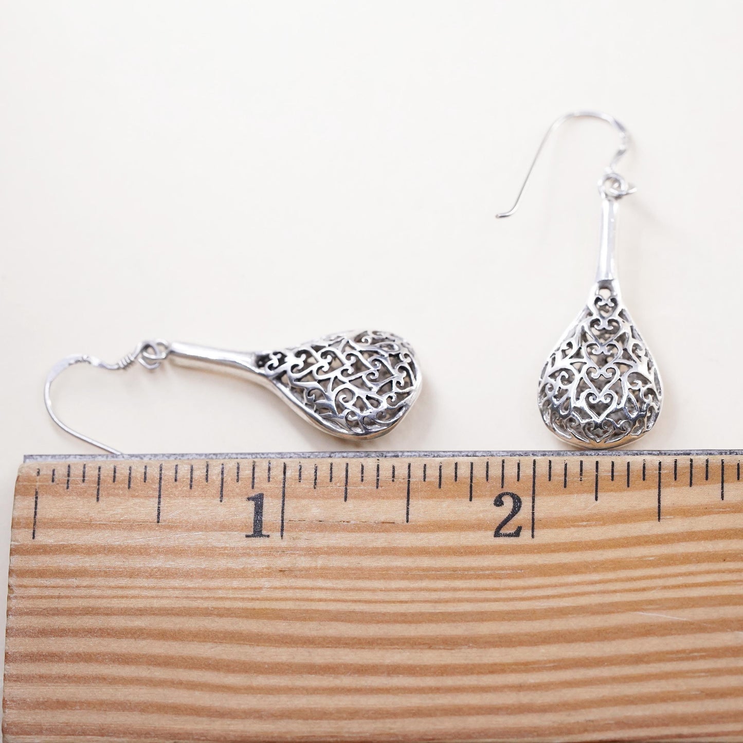 Vintage sterling silver handmade earrings, 925 filigree teardrops