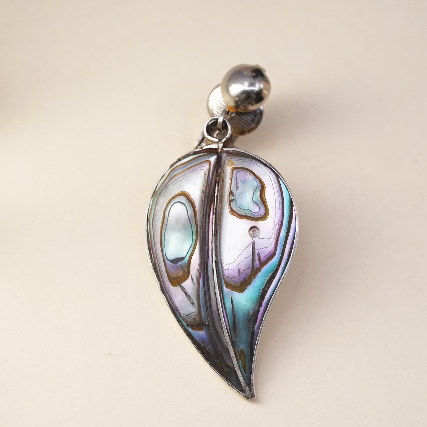 Mexican Taxco sterling silver single earring, 925 clip on leaf pendant abalone