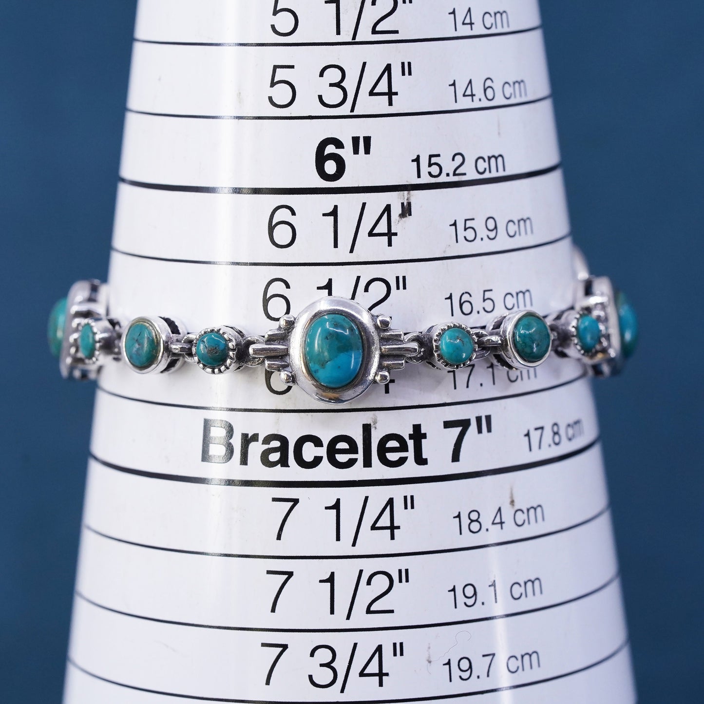 6.75”, sterling 925 silver handmade bracelet with turquoise and toggle closure