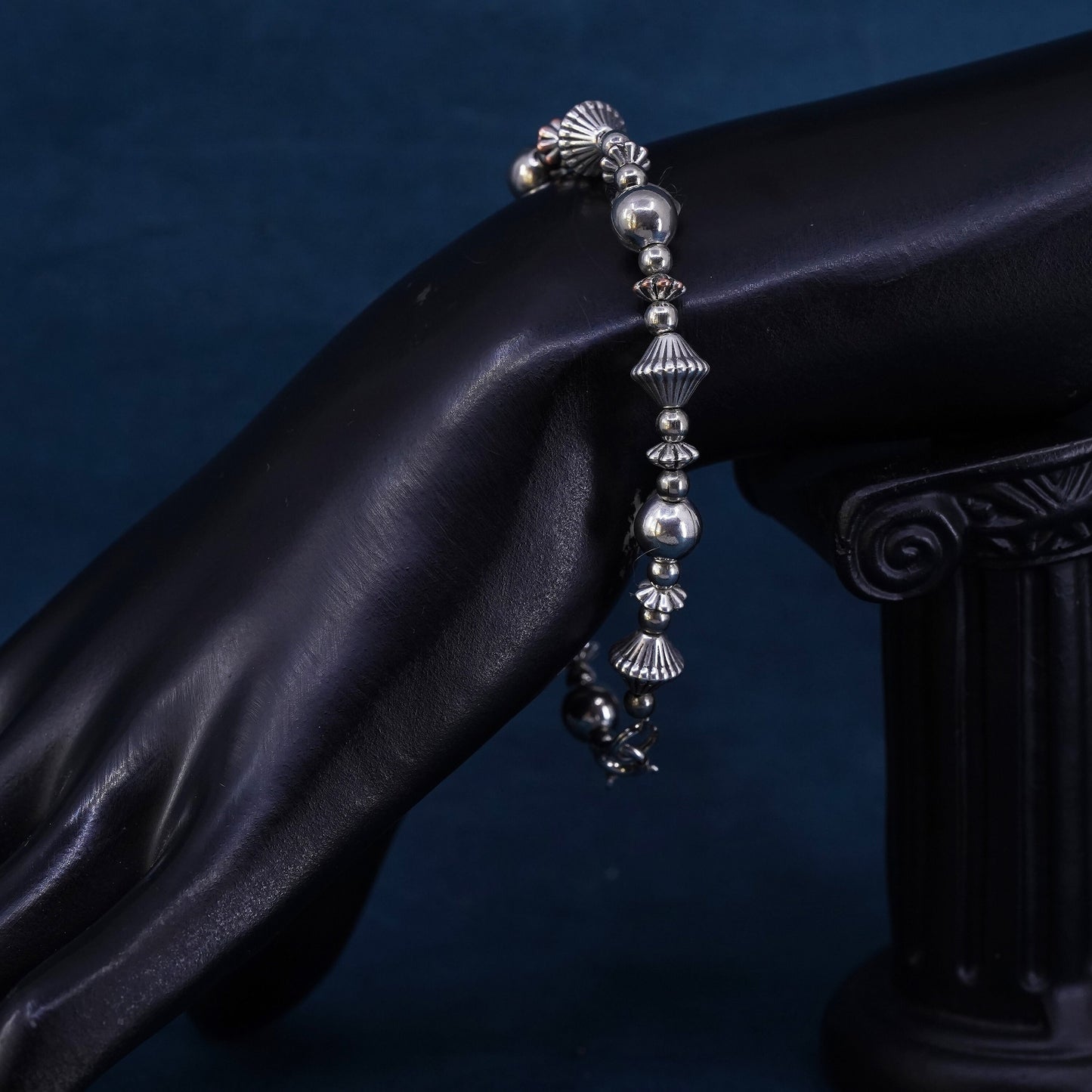 7.25", vintage silver tone handmade beaded bracelet
