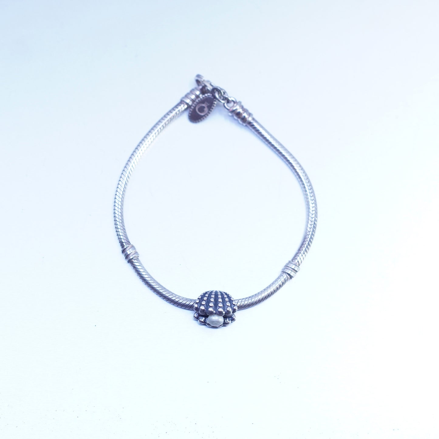 7”, Pandora Sterling 925 silver bracelet, bold snake link chain w/ pearl shell