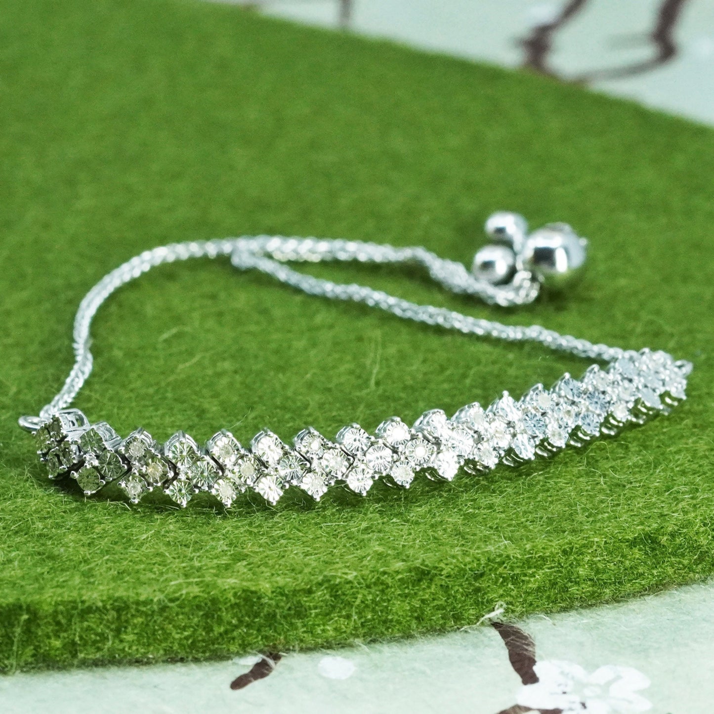 Size adjustable, Vintage sterling 925 silver wheat charm bracelet with diamond