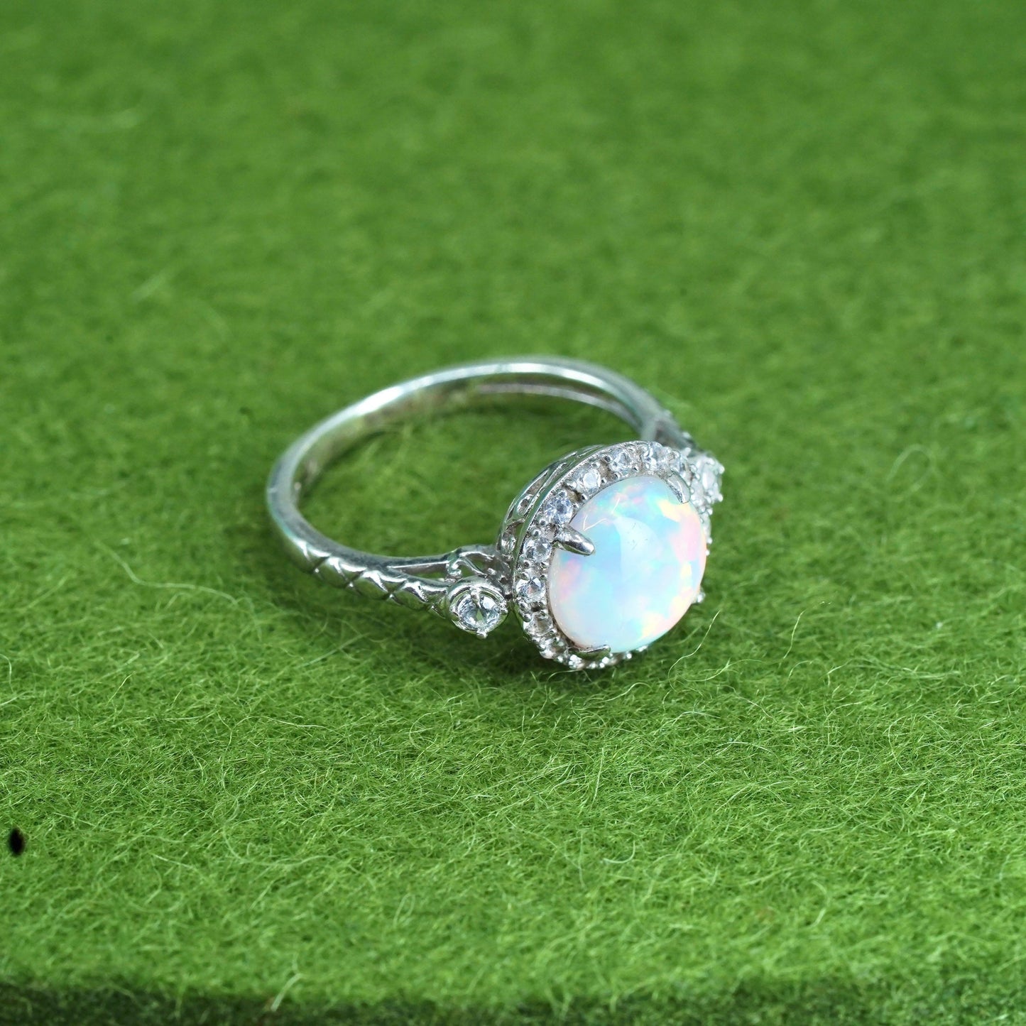 Size 4.25, vintage Sterling 925 silver handmade ring with round opal and cz