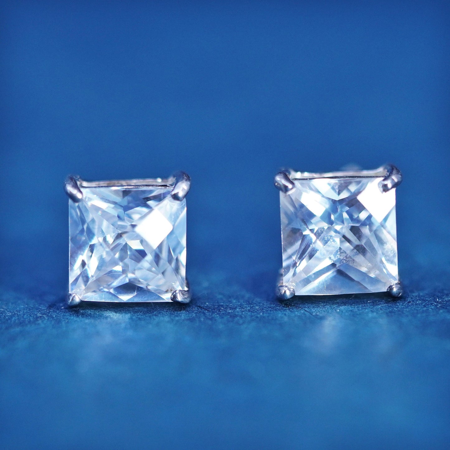 9mm, Vintage sterling silver handmade earrings, 925 rectangular studs with CZ