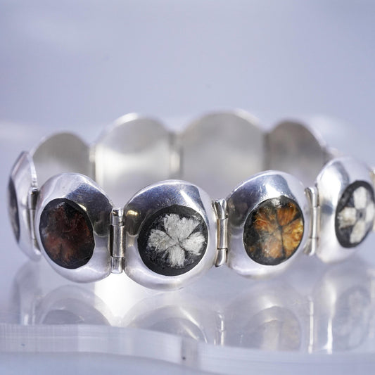 6.5”, VTG southwestern Sterling 950 Silver Chrysanthemum Stone Panel Bracelet