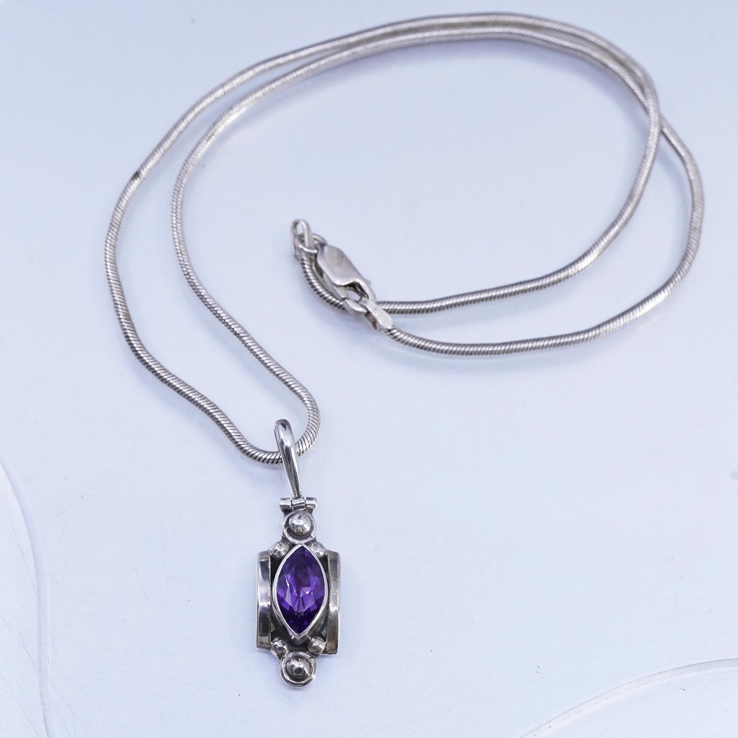 16", vintage Italian Sterling 925 silver snake chain necklace amethyst pendant