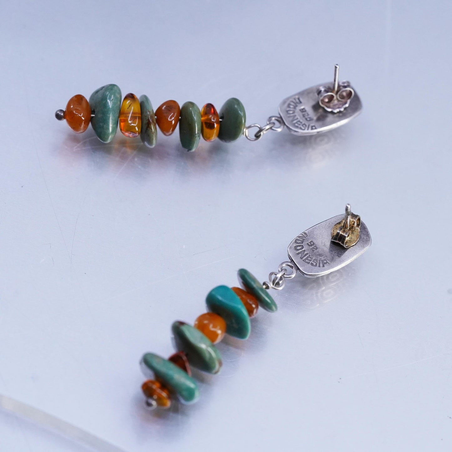 Indonesia handmade Sterling Silver handmade earrings, Turquoise Amber beads
