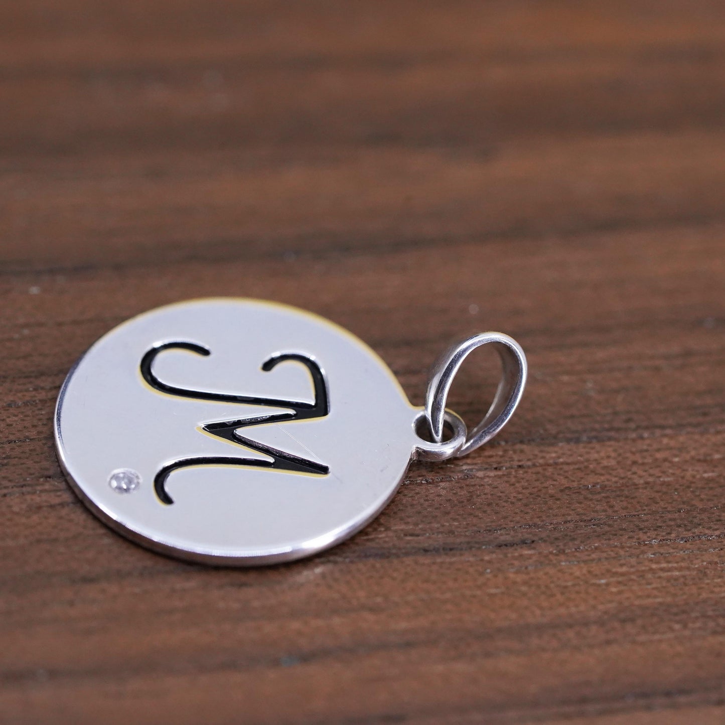 Vintage Sterling silver initial pendant, 925 circle with letter M