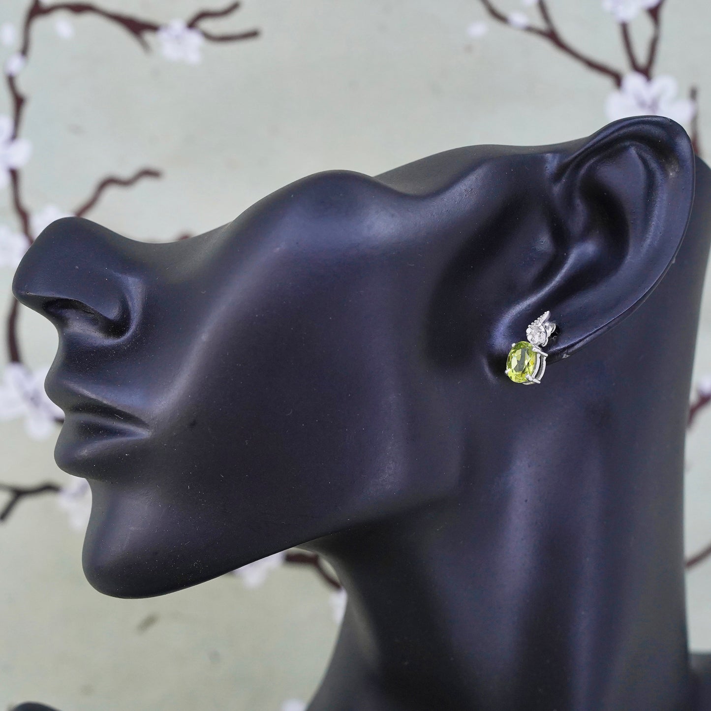 Vintage sterling 925 silver earrings w/ peridot and diamonds, minimalist studs