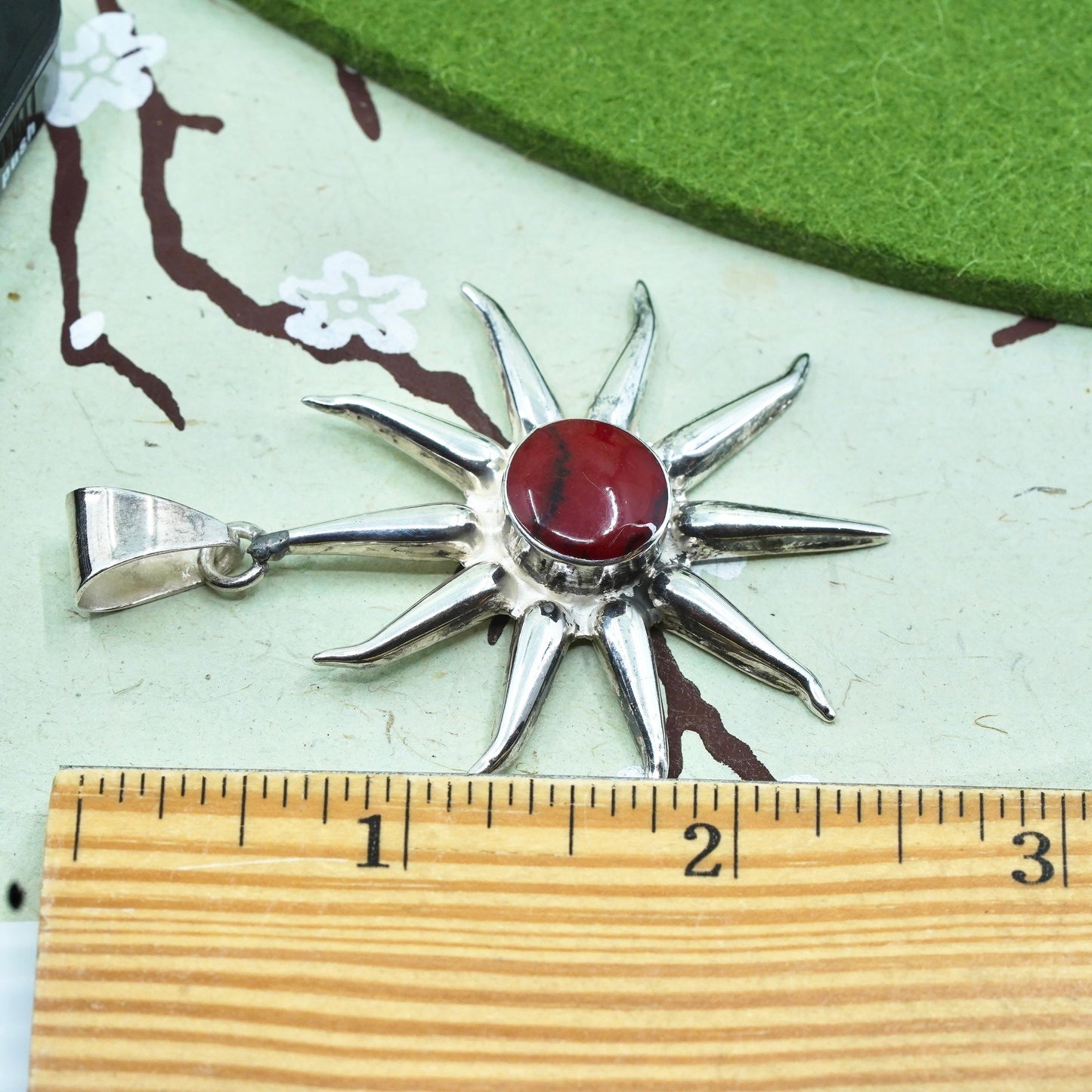 Vintage sterling 925 silver handmade sun pendant with red jasper