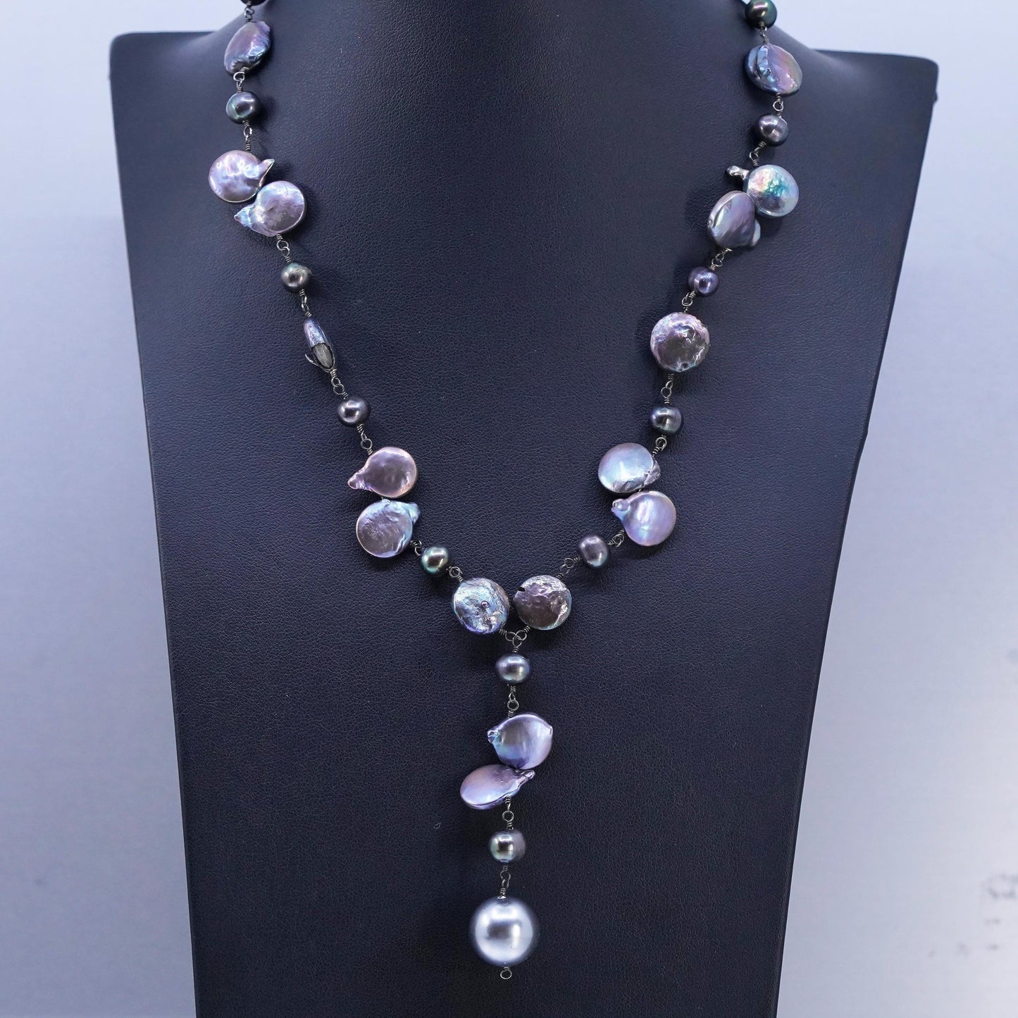 18+2" Vintage Sterling 925 silver handmade necklace black baroque pearl beads