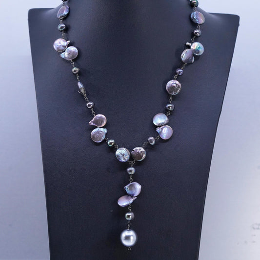 18+2" Vintage Sterling 925 silver handmade necklace black baroque pearl beads
