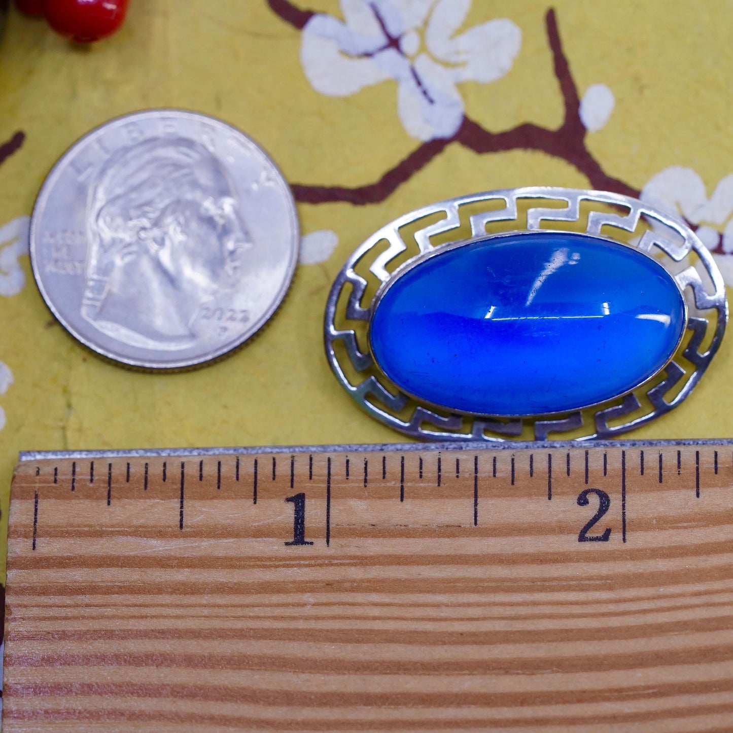 VTG Sterling 925 silver Blue Glass Cabochon Brooch, Frame, Art Deco Style Pin