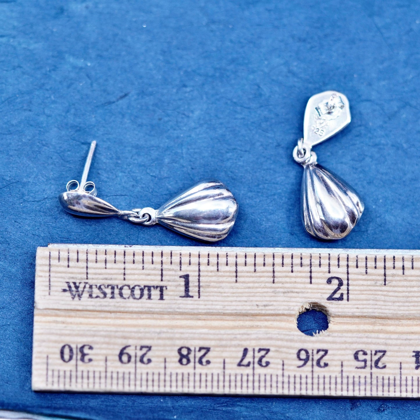 Vintage sterling silver handmade earrings, 925 ribbed teardrop drops